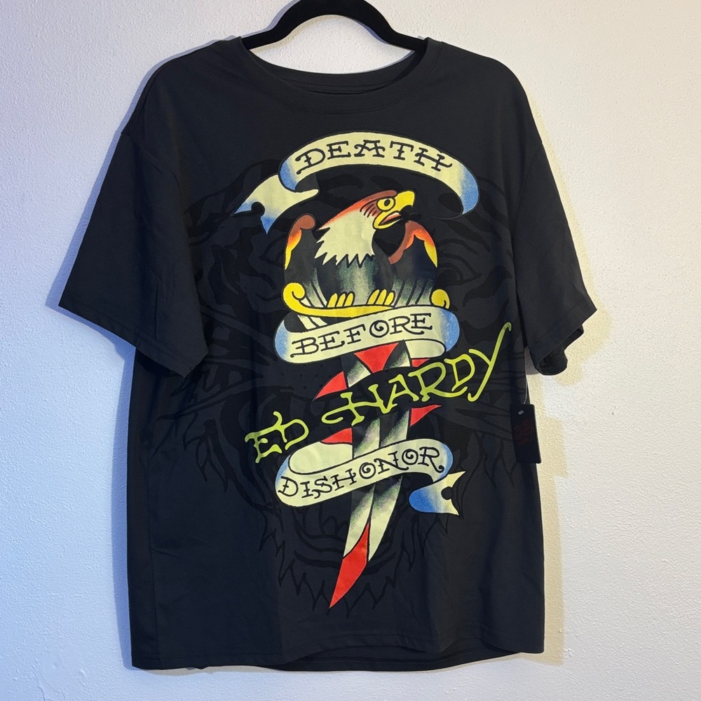 Ed Hardy Men's Large Charcoal Black Tee with Eagle Graphic NWT
